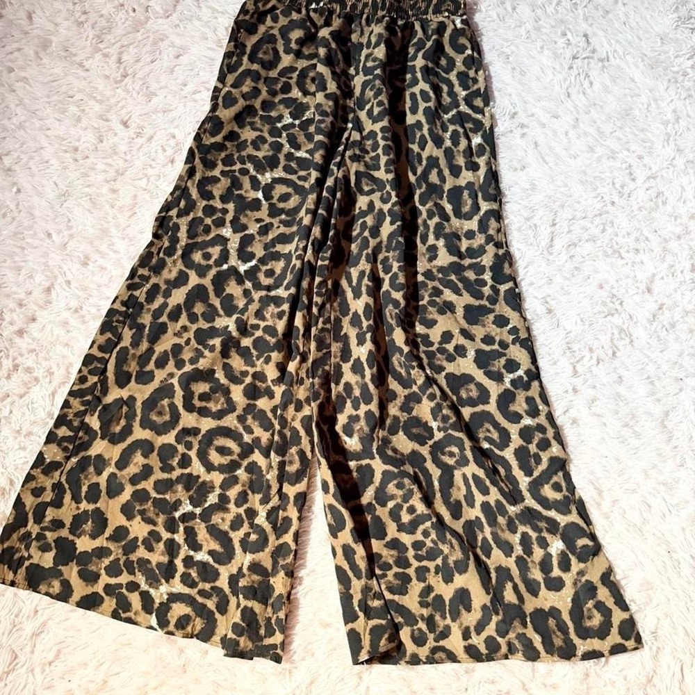 Wide Leg Leopard Animal Print Statement Chic Professional Edgy Pants Womens L